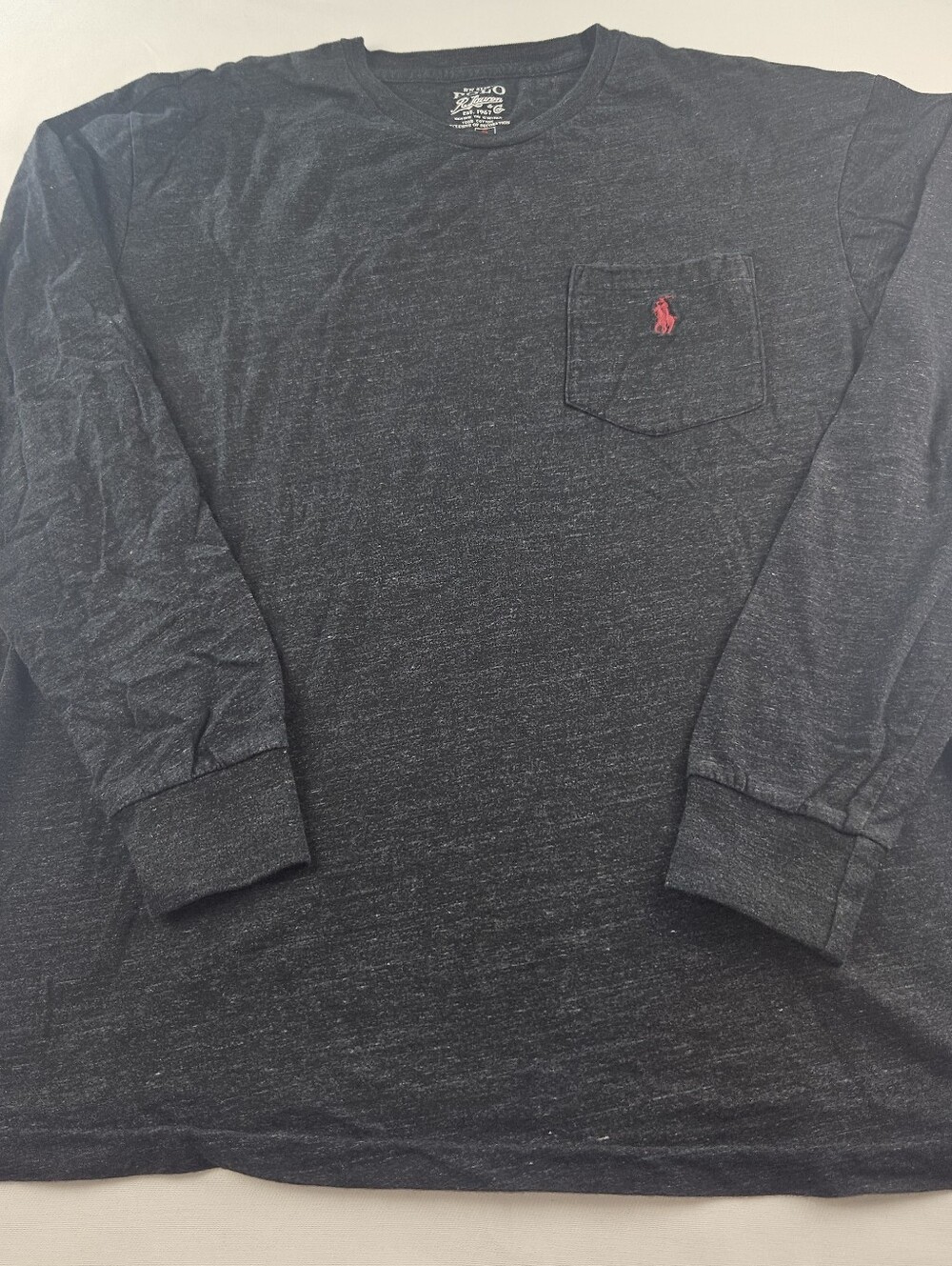 Polo by Ralph Lauren Men's Charcoal Long-Sleeve Pocket Tee with Red Pony Size S